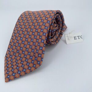 Eton Tie Men‎ One Size Blue Orange Patterned Silk Classic Necktie Italy Made